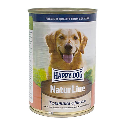 Happy Dog влажный корм с телятиной и рисом для взрослых собак всех пород Влажный корм премиум класса для взрослых собак всех пород, с телятиной и рисом. В банке 400 грамм.