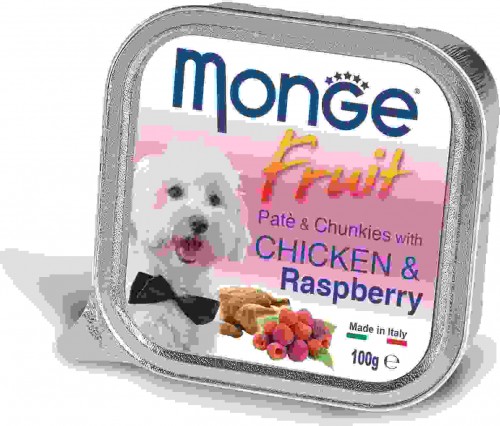 Monge Dog Fruit консервы для собак с курицей и малиной Полнорационный влажный корм супер-премиум класса для взрослых собак мелких и средних пород. Паштет с курицей и малиной.