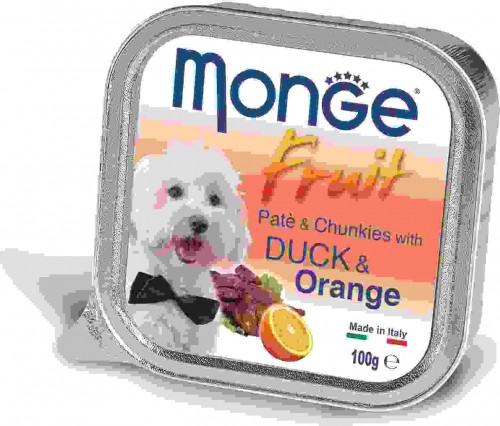 Monge Dog Fruit консервы для собак с уткой и апельсином Полнорационный влажный корм супер-премиум класса для взрослых собак мелких и средних пород. Паштет с уткой и апельсином.