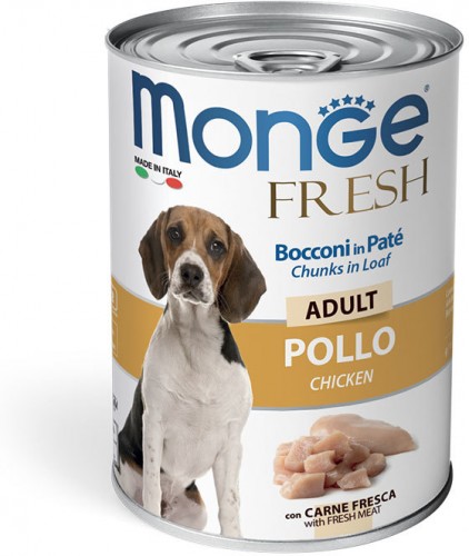 Monge Dog Fresh Chunks in Loaf консервы для собак мясной рулет курица 400 г Полнорационный влажный корм супер-премиум класса для взрослых собак всех пород.
