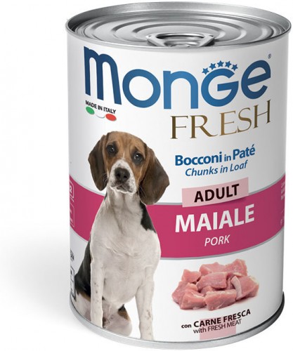 Monge Dog Fresh Chunks in Loaf консервы для собак мясной рулет свинина 400 г Полнорационный влажный корм супер-премиум класса для взрослых собак всех пород.