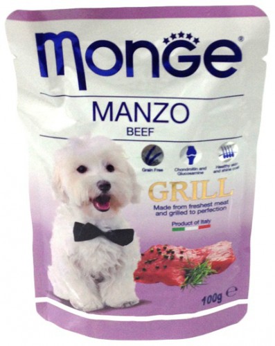 Monge Dog Grill паучи для собак с говядиной Полнорационный беззерновой влажный корм супер-премиум класса для взрослых собак мелких и средних пород. Паучи с говядиной.