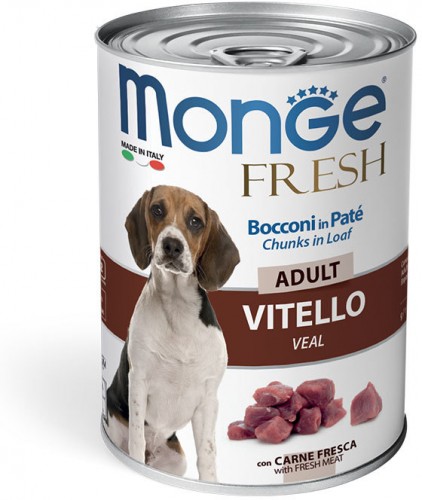 Monge Dog Fresh Chunks in Loaf консервы для собак мясной рулет телятина 400 г Полнорационный влажный корм супер-премиум класса для взрослых собак всех пород.