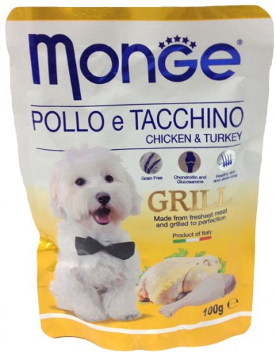 Monge Dog Grill паучи для собак с курицей и индейкой Полнорационный беззерновой влажный корм супер-премиум класса для взрослых собак мелких и средних пород. Паучи с курицей и индейкой.