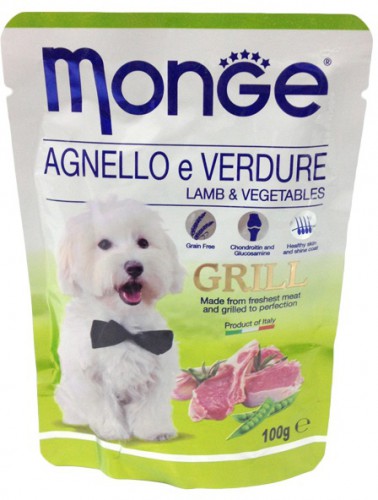 Monge Dog Grill паучи для собак с ягнёнком и овощами Полнорационный беззерновой влажный корм супер-премиум класса для взрослых собак мелких и средних пород. Паучи с ягнёнком и овощами.
