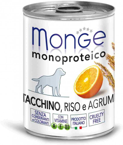 Monge Dog Monoproteico консервы для собак с индейкой, рисом и цитрусовыми Полнорационный влажный корм супер-премиум класса для взрослых собак всех пород. Паштет с индейкой, рисом и цитрусовыми.