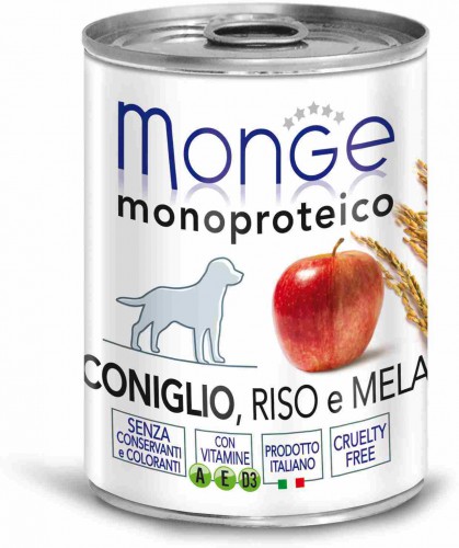 Monge Dog Monoproteico консервы для собак с кроликом, рисом и яблоком Полнорационный влажный корм супер-премиум класса для взрослых собак всех пород. Паштет с кроликом, рисом и яблоками.