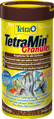 Tetra Min Granules корм для декоративных рыбок гранулы Легкоусвояемые гранулы содержат добавку для усиления окраски. Быстро размягчаются в воде, опускаются на дно аквариума. 