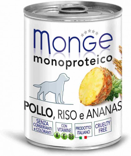 Monge Dog Monoproteico консервы для собак с курицей, рисом и ананасом Полнорационный влажный корм супер-премиум класса для взрослых собак всех пород. Паштет с курицей, рисом и ананасом.