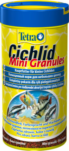 Tetra Cichlid Mini Granules корм для цихлид мини гранулы Основной корм для маленьких и карликовых цихлид. Плавает на поверхности воды. Усиливает окраску, повышает иммунитет.