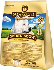 Wolfsblut Golden Goose сухой корм для собак Золотой гусь Беззерновой сухой корм супер-премиум класса для взрослых собак всех пород, с мясом страуса. гуся, утки и бататом. Гипоаллергенный, со средним содержанием белка и жира.