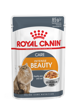 Royal Canin Intense Beauty влажный корм кусочки в желе для кошек для здоровья кожи и красоты шерсти Консервированный корм супер-премиум класса для взрослых кошек всех пород для поддержания красоты шерсти, кусочки в желе.