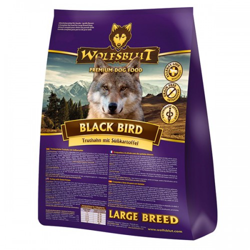 Wolfsblut Black Bird Large Breed сухой корм для собак крупных пород Чёрная птица Беззерновой сухой корм супер-премиум класса для взрослых собак крупных пород, с индейкой, тыквой и бататом. Гипоаллергенный, со средним содержанием белка и жира.