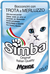 Simba Cat Pouches паучи для кошек с форелью и треской Влажный корм премиум-класса для взрослых кошек всех пород. Паучи с форелью и треской.