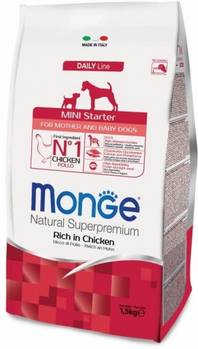 Monge Dog Mini Starter для щенков мелких пород 1,5 кг Сухой корм супер-премиум класса с курицей и рисом для щенков мелких пород в возрасте до 12 месяцев, а также для беременных и кормящих сук.