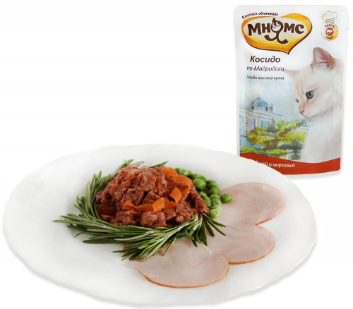 Мнямс Косидо по-мадридски паучи для кошек с говядиной и морковью Полнорационный влажный корм для кошек, паучи с говядиной и морковью.