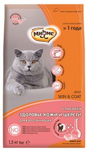 Мнямс Skin&amp;Coat сухой корм с лососем для кошек для красоты шерсти Полнорационный сухой корм для красивой шерсти и здоровой кожи кошек, с лососем.