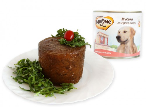 Мнямс Мусака по-ираклионски консервы для собак с ягнёнком и овощами Полнорационный влажный корм для собак серии "Блюда высокой кухни", Мусака по-ираклионски с ягнёнком и овощами.