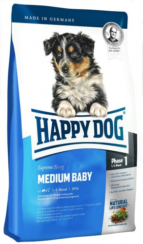 Happy Dog Medium Baby сухой корм для щенков средних пород Сухой корм супер-премиум класса с мясом птицы для щенков средних пород старше одного месяца.