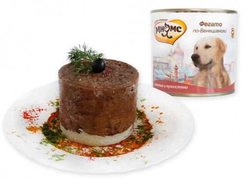 Мнямс Фегато по-венециански консервы для собак с телячьей печенью и пряностями Полнорационный влажный корм для собак серии "Блюда высокой кухни", Фегато по-венециански с телячьей печенью и пряностями.